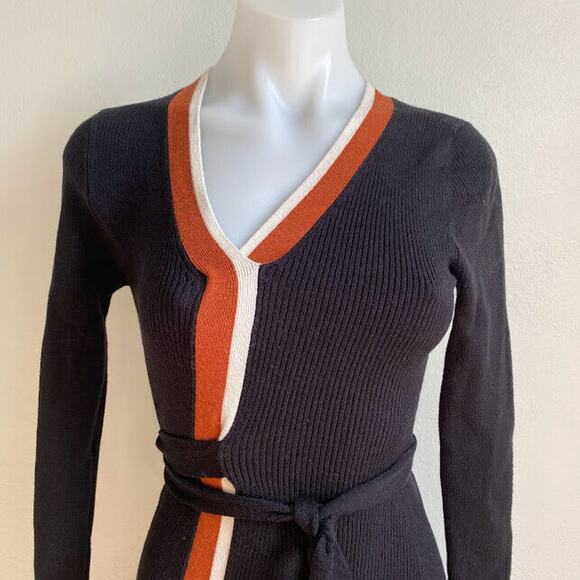 Caara Size Small Cedar Midi Dress Knit A Line Black Orange White Striped Belted - Picture 5 of 12
